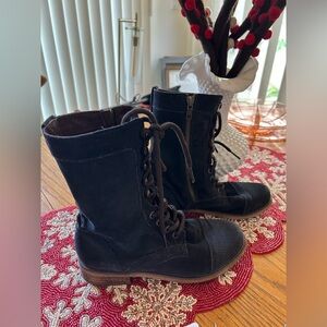 SKETCHERS Wooden Heal/Sole Ink Blue Leather Lace-Up Combat Boots, Sz 8.5